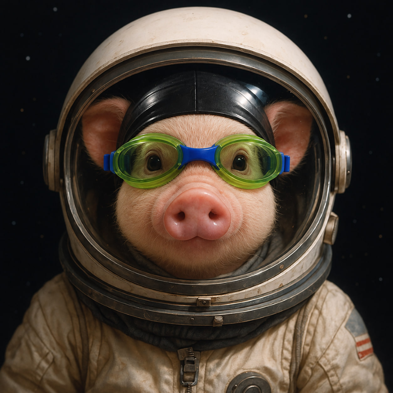 Naspig, a pig astronaut wearing lime swimming goggles